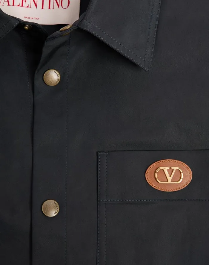 Valentino Outerwear Man Nylon Shirt Jacket With Rubberized V Detail For Man In Stone Stone Valentino Outerwear Man Nylon Shirt Jacket With Rubberized V Detail For Man In Stone Stone