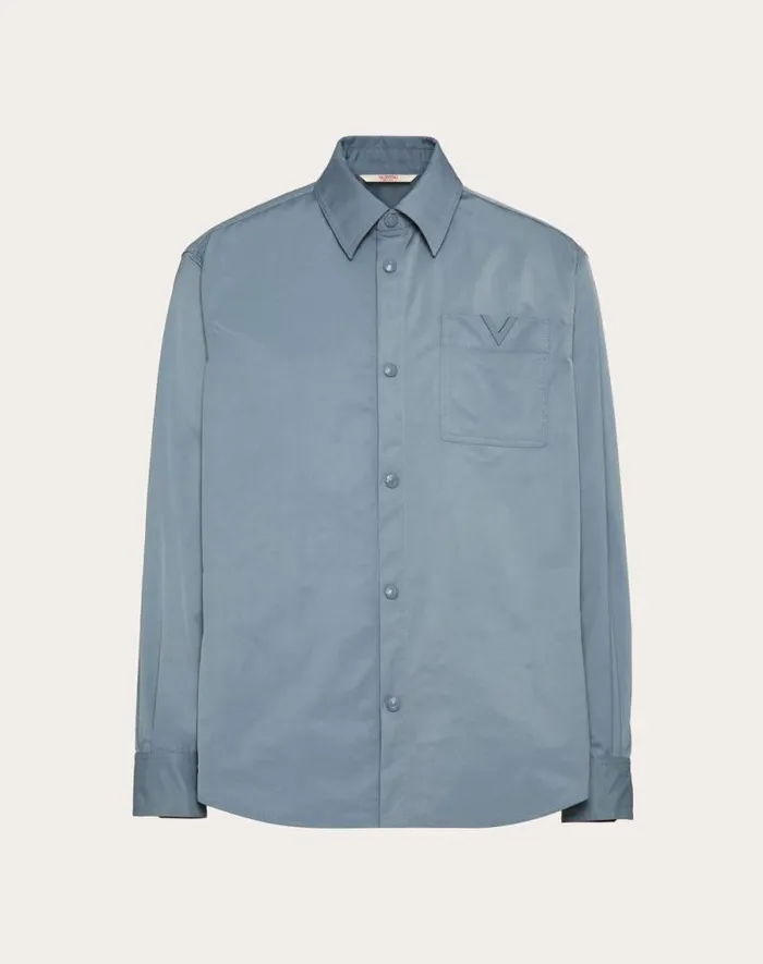 Valentino Outerwear Man Nylon Shirt Jacket With Rubberized V Detail For Man In Stone Stone Valentino Outerwear Man Nylon Shirt Jacket With Rubberized V Detail For Man In Stone Stone