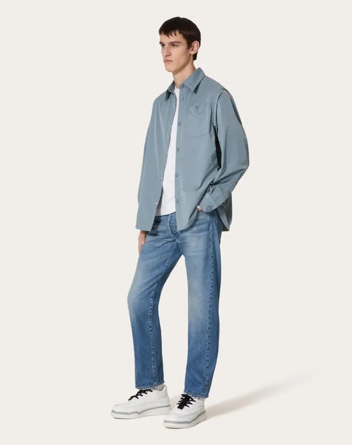 Valentino Outerwear Man Nylon Shirt Jacket With Rubberized V Detail For Man In Stone Stone Valentino Outerwear Man Nylon Shirt Jacket With Rubberized V Detail For Man In Stone Stone