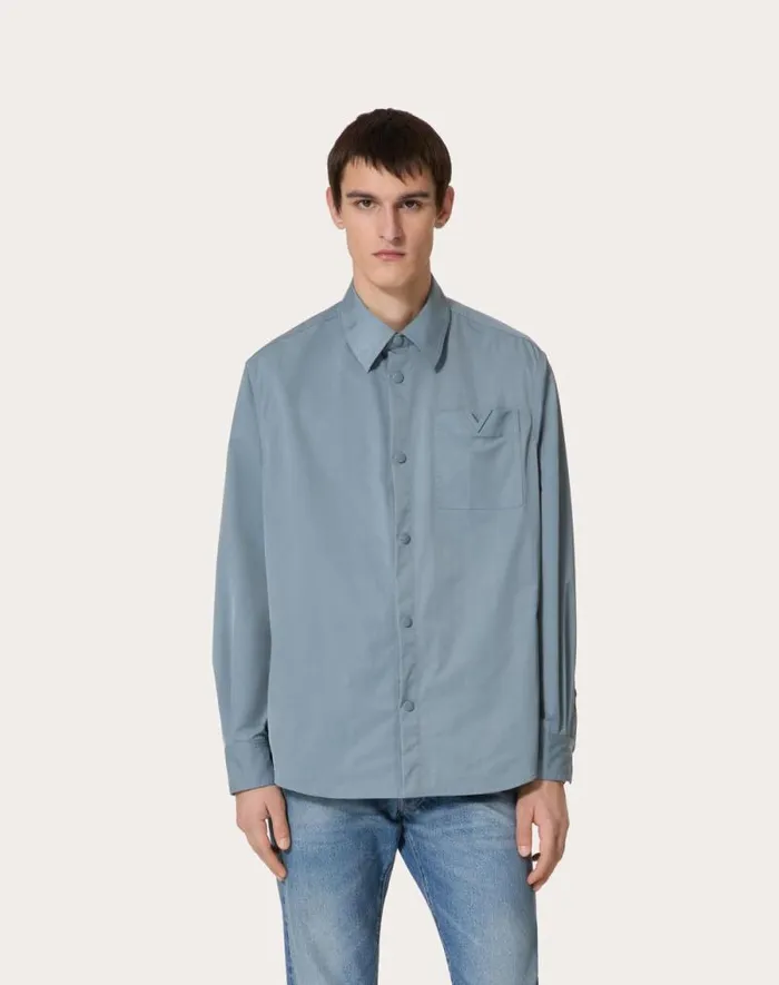 Valentino Outerwear Man Nylon Shirt Jacket With Rubberized V Detail For Man In Stone Stone Valentino Outerwear Man Nylon Shirt Jacket With Rubberized V Detail For Man In Stone Stone