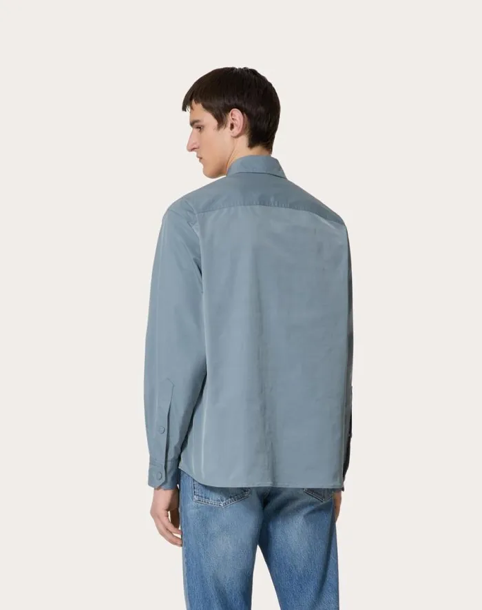 Valentino Outerwear Man Nylon Shirt Jacket With Rubberized V Detail For Man In Stone Stone Valentino Outerwear Man Nylon Shirt Jacket With Rubberized V Detail For Man In Stone Stone