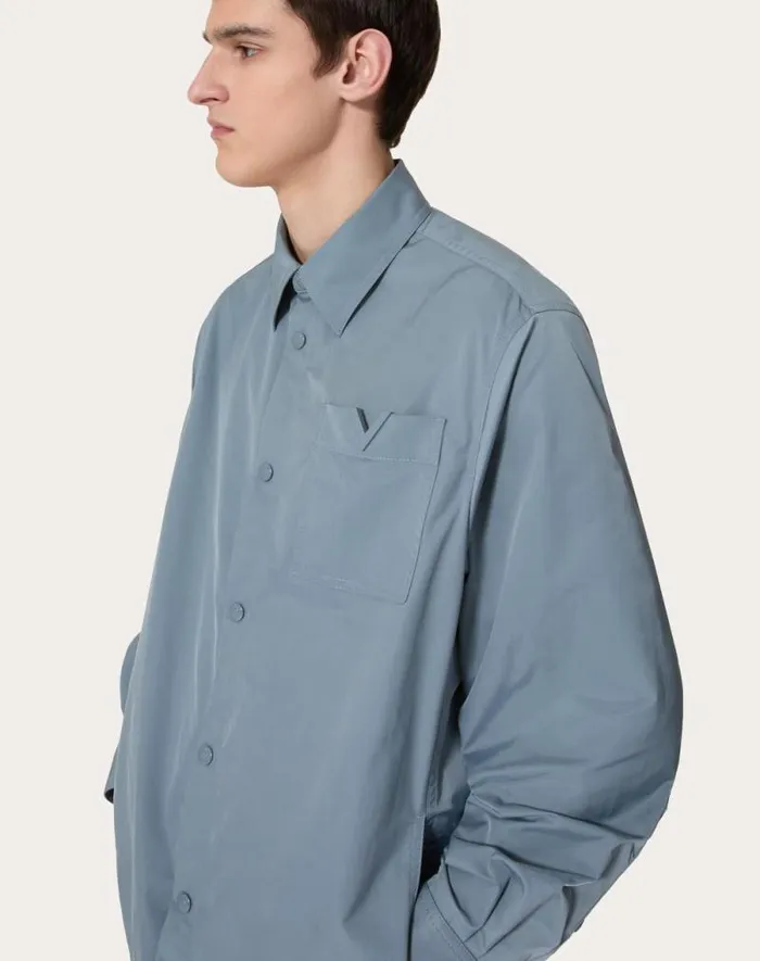 Valentino Outerwear Man Nylon Shirt Jacket With Rubberized V Detail For Man In Stone Stone Valentino Outerwear Man Nylon Shirt Jacket With Rubberized V Detail For Man In Stone Stone