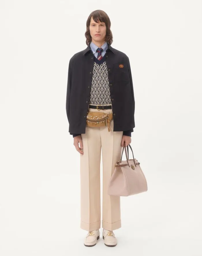 Valentino Outerwear Man Nylon Shirt Jacket With Rubberized V Detail For Man In Stone Stone Valentino Outerwear Man Nylon Shirt Jacket With Rubberized V Detail For Man In Stone Stone