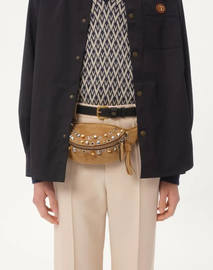 Valentino Outerwear Man Nylon Shirt Jacket With Rubberized V Detail For Man In Stone Stone Valentino Outerwear Man Nylon Shirt Jacket With Rubberized V Detail For Man In Stone Stone
