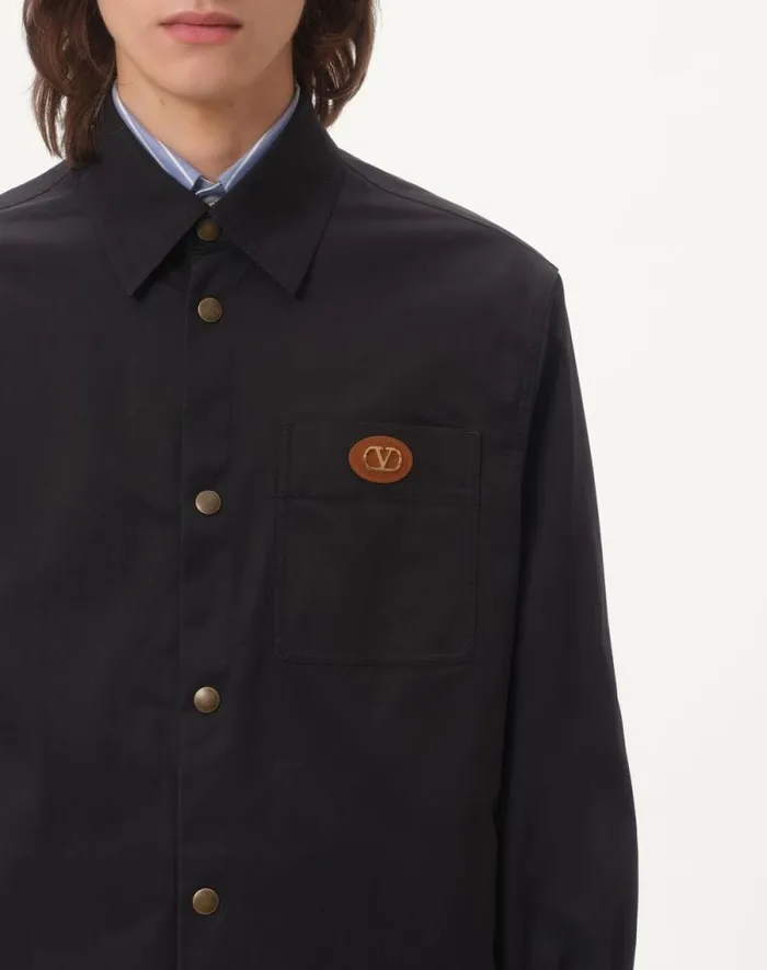 Valentino Outerwear Man Nylon Shirt Jacket With Rubberized V Detail For Man In Stone Stone Valentino Outerwear Man Nylon Shirt Jacket With Rubberized V Detail For Man In Stone Stone