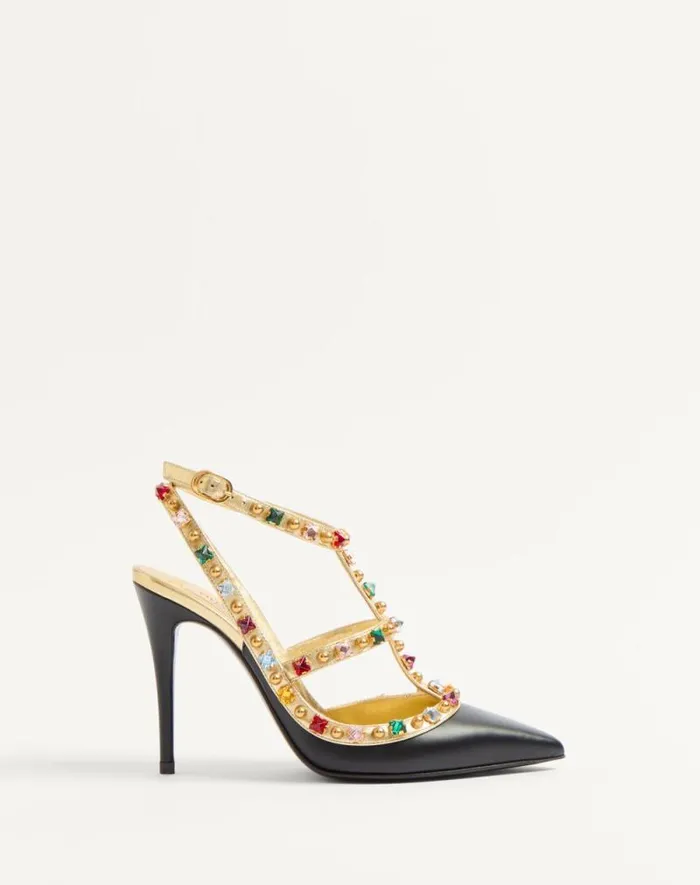 Valentino Pumps Woman Rockstud Calfskin Pumps With Cabochon And 100mm Crystals For Woman In Blackantique Brass Blackantique Brass