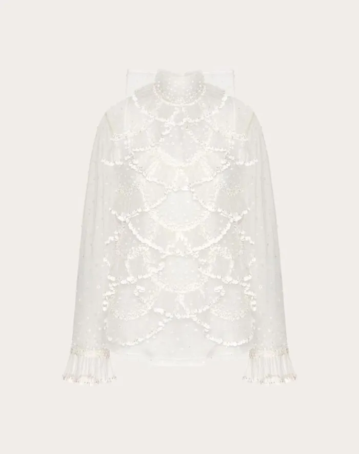 Valentino Shirts And Tops Woman Tulle Illusione Embroidered Top For Woman In Ivory Ivory Valentino Shirts And Tops Woman Tulle Illusione Embroidered Top For Woman In Ivory Ivory