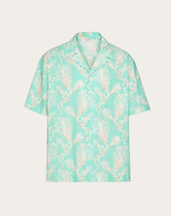 Valentino Shirts Man Cotton Poplin Bowling Shirt With Metamorphos Wheatsheaf Print For Man In Turquoisebeige Turquoisebeige Valentino Shirts Man Cotton Poplin Bowling Shirt With Metamorphos Wheatsheaf Print For Man In Turquoisebeige Turquoisebeige