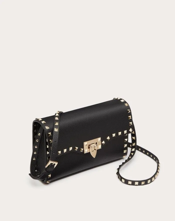 Valentino Shoulder Bags Woman Small Rockstud Grainy Calfskin Crossbody Bag For Woman In Black Black