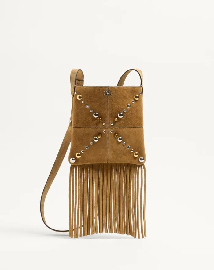 Valentino Shoulder Bags Woman Valentino Garavani Nellcte Small Shoulder Bag In Suede With Fringes For Woman In Havana Beige Havana Beige