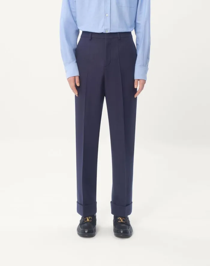 Valentino Suits Man Wool Gabardine Pants With Turnups For Man In Indigo Indigo Valentino Suits Man Wool Gabardine Pants With Turnups For Man In Indigo Indigo