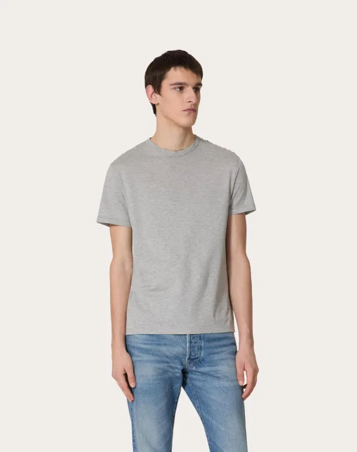 Valentino Tshirts And Sweatshirts Man Cotton Crewneck Tshirt With Cabochons For Man In Grey Grey Valentino Tshirts And Sweatshirts Man Cotton Crewneck Tshirt With Cabochons For Man In Grey Grey