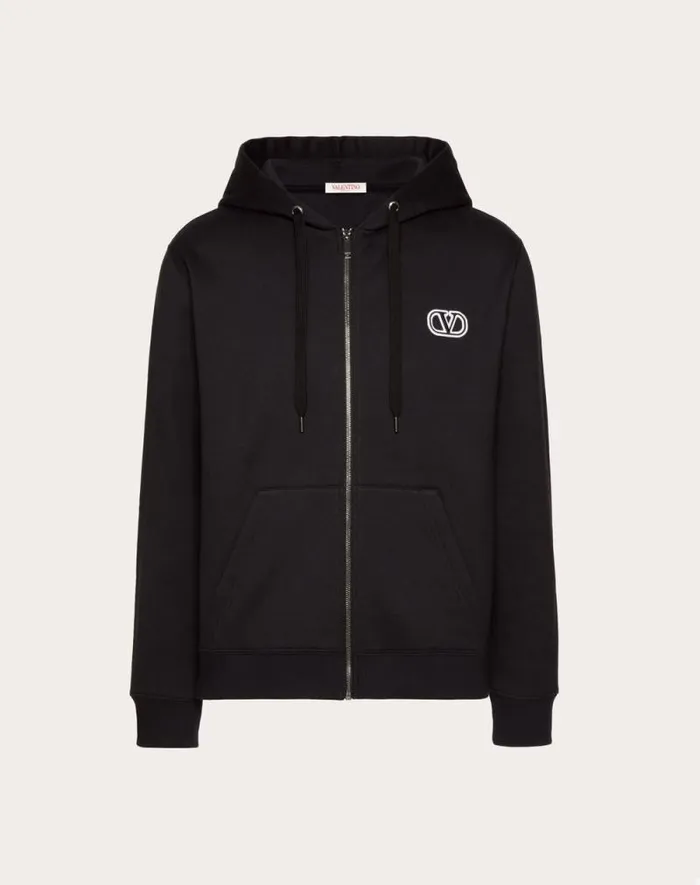 Valentino Tshirts And Sweatshirts Man Technical Cotton Hooded Sweatshirt With Zipper And Vlogo Signature Patch For Man In Black Black Valentino Tshirts And Sweatshirts Man Technical Cotton Hooded Sweatshirt With Zipper And Vlogo Signature Patch For Man In Black Black