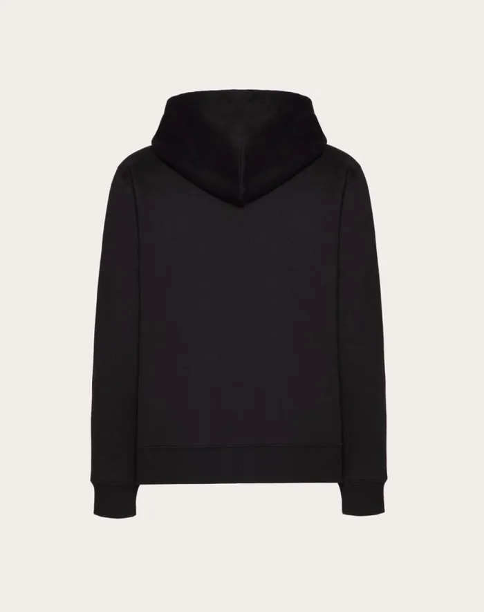 Valentino Tshirts And Sweatshirts Man Technical Cotton Hooded Sweatshirt With Zipper And Vlogo Signature Patch For Man In Black Black