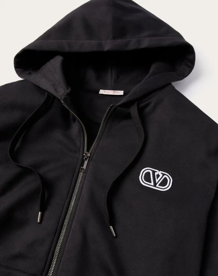 Valentino Tshirts And Sweatshirts Man Technical Cotton Hooded Sweatshirt With Zipper And Vlogo Signature Patch For Man In Black Black