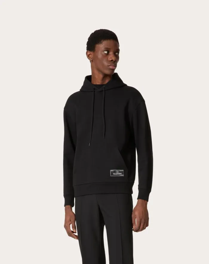 Valentino Tshirts And Sweatshirts Man Technical Cotton Sweatshirt With Hood And Maison Valentino Tailoring Label For Man In Navy Navy