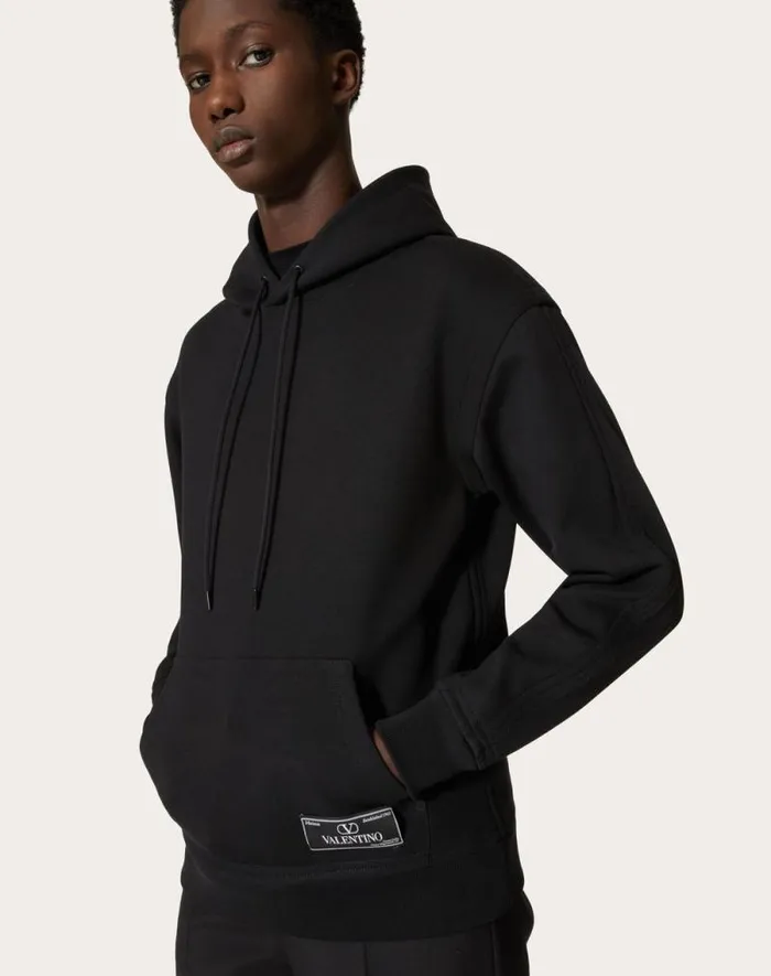 Valentino Tshirts And Sweatshirts Man Technical Cotton Sweatshirt With Hood And Maison Valentino Tailoring Label For Man In Navy Navy