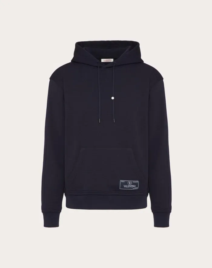 Valentino Tshirts And Sweatshirts Man Technical Cotton Sweatshirt With Hood And Maison Valentino Tailoring Label For Man In Navy Navy