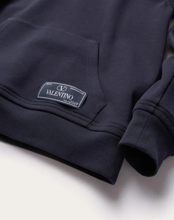 Valentino Tshirts And Sweatshirts Man Technical Cotton Sweatshirt With Hood And Maison Valentino Tailoring Label For Man In Navy Navy