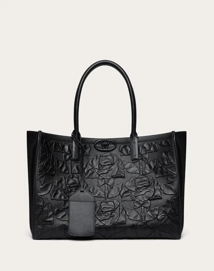 Valentino Totes Woman Medium Tote Bag Vlogo Locker Leather Tote With Embroidered Roses For Woman In Black Black Valentino Totes Woman Medium Tote Bag Vlogo Locker Leather Tote With Embroidered Roses For Woman In Black Black