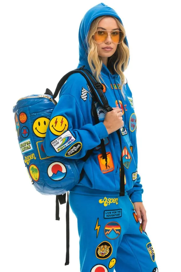 Vintage Patch Puffer Backpack 8211 Snorkel Blue Glossy WomenMen Aviator Nation Backpacks