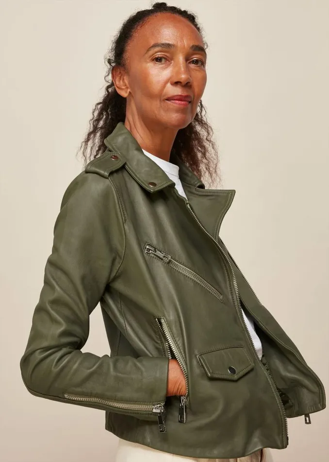 Whistles Coats and Jackets Khaki Agnes Pocket Leather Jacket 8211 Women