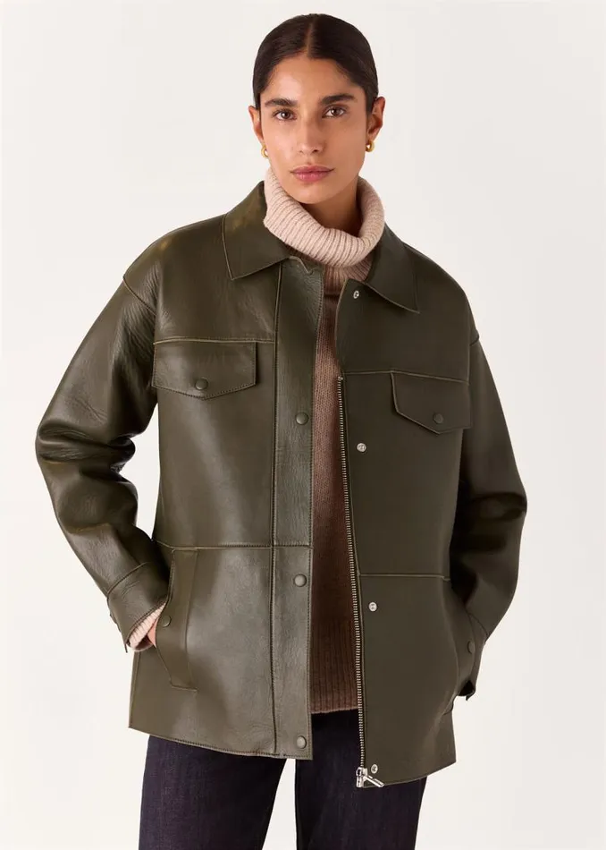 Whistles Coats and Jackets Khaki Clean Bonded Leather Jacket 8211 Women
