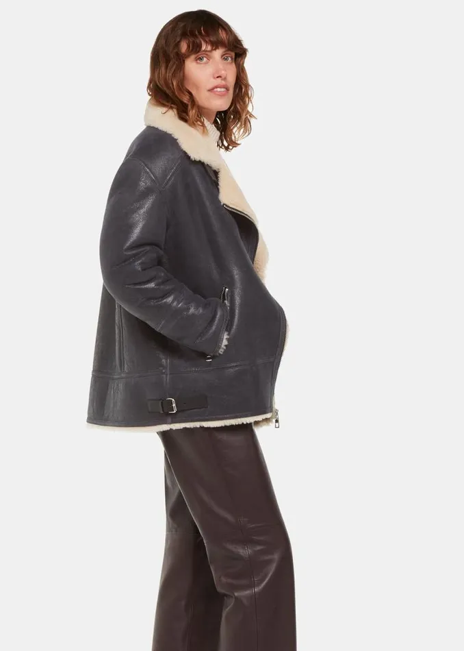 Whistles Coats and Jackets Navy Annika Leather Aviator Jacket 8211 Women