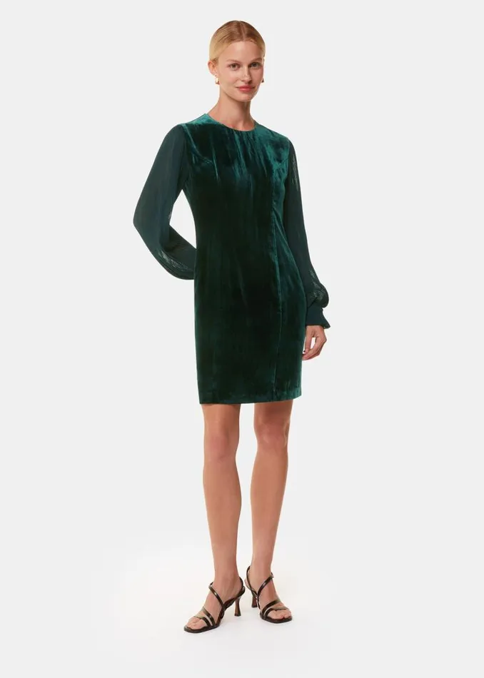 Whistles Dresses Dark Green Velvet Pleated Sleeve Dress 8211 Women