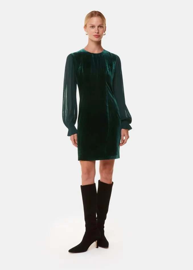 Whistles Dresses Dark Green Velvet Pleated Sleeve Dress 8211 Women