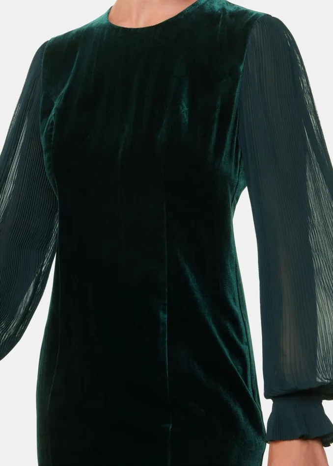 Whistles Dresses Dark Green Velvet Pleated Sleeve Dress 8211 Women