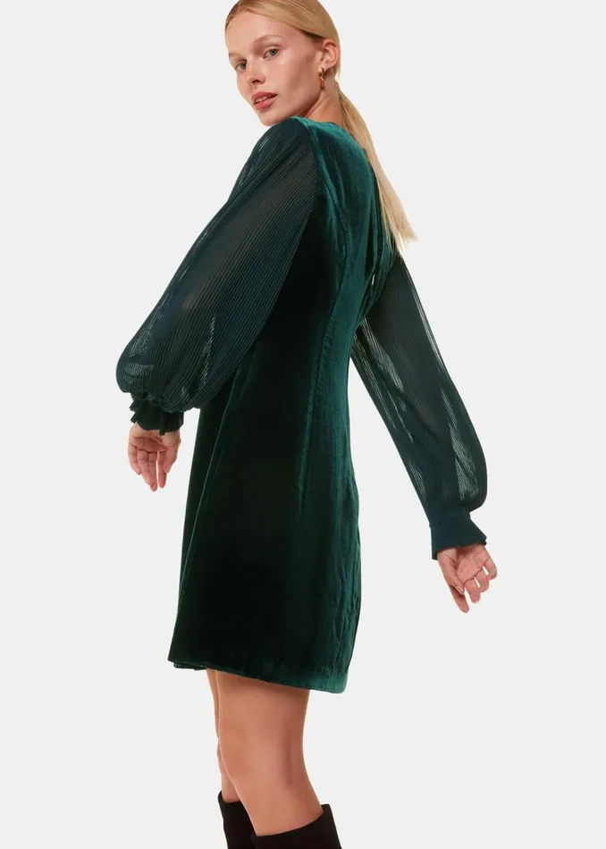 Whistles Dresses Dark Green Velvet Pleated Sleeve Dress 8211 Women