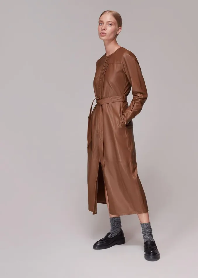 Whistles Dresses Toffee Pintuck Leather Midi Dress 8211 Women