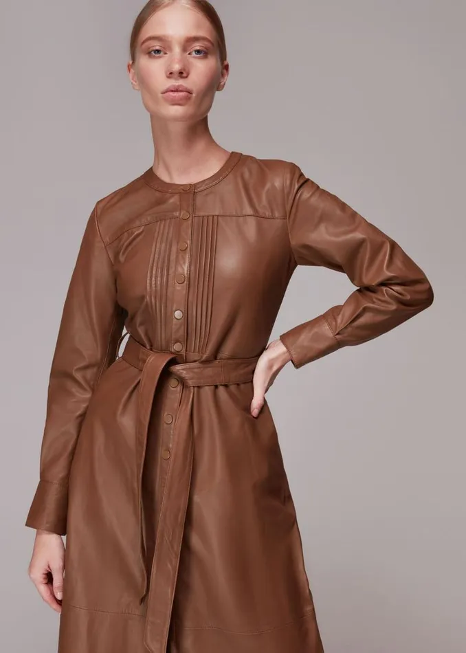 Whistles Dresses Toffee Pintuck Leather Midi Dress 8211 Women