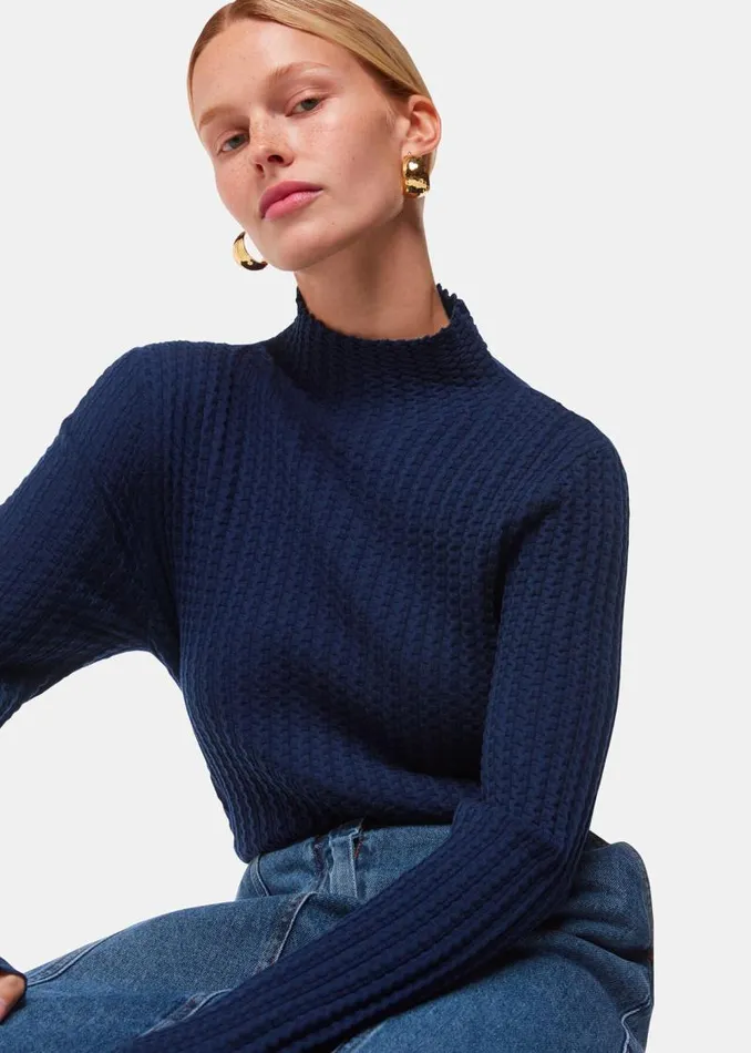Whistles Sweaters and Cashmere Navy Textured High Neck Sweater 8211 Women