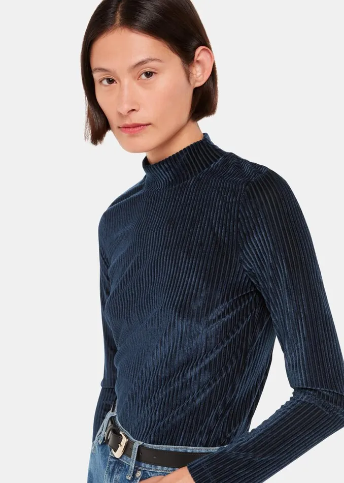 Whistles Tops Navy Velvet Stripe High Neck Top 8211 Women