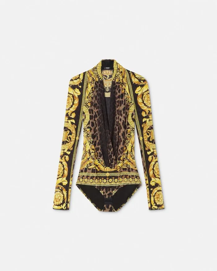 Wild Barocco Silk Draped Bodysuit Animalier Women Versace Shirts and Tops