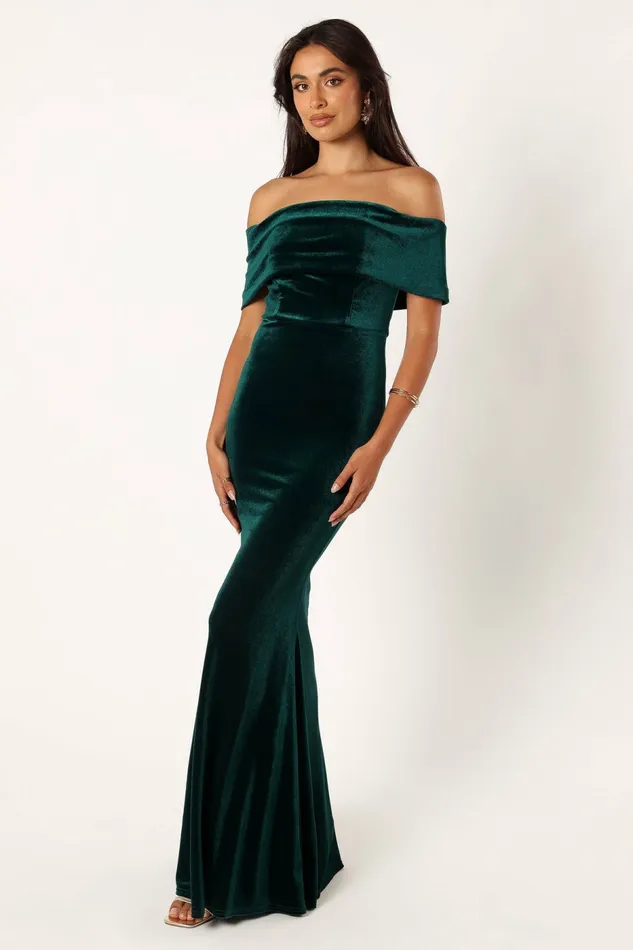 Winter Dresses Petal and Pup Women Adair Off Shoulder Maxi Dress Emerald Green