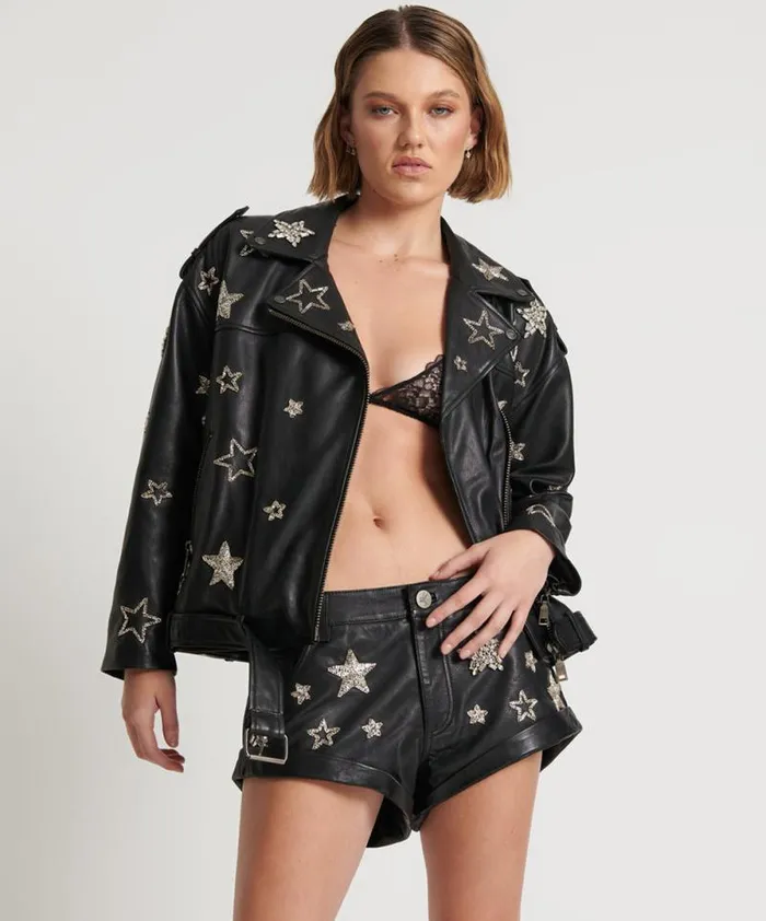 Women ALL STAR HAND EMBELLISHED LEATHER JACKET One Teaspoon Jackets