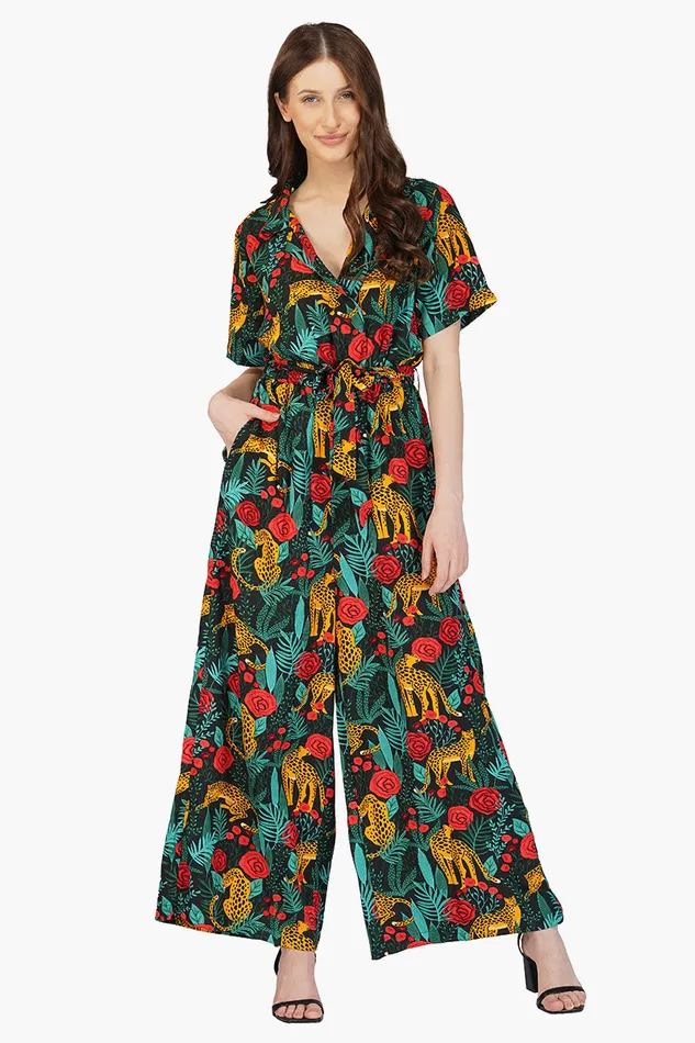 Women America and Beyond Jaguar Paradise Black Animal Print Jumpsuit Jumpsuits