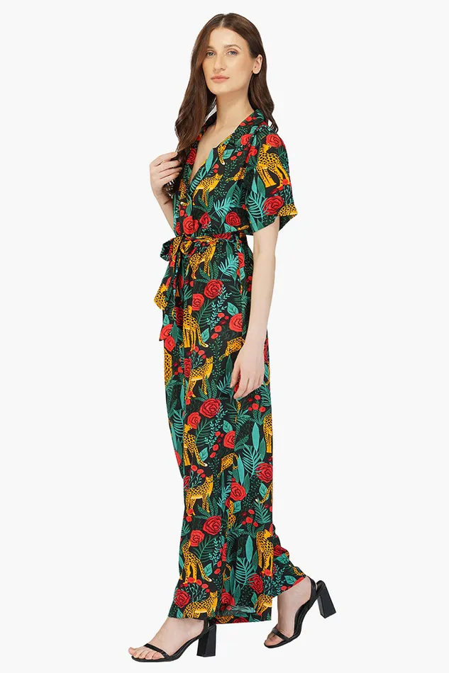 Women America and Beyond Jaguar Paradise Black Animal Print Jumpsuit Jumpsuits