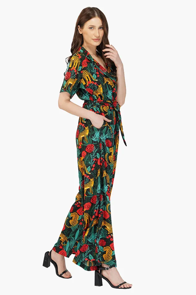 Women America and Beyond Jaguar Paradise Black Animal Print Jumpsuit Jumpsuits
