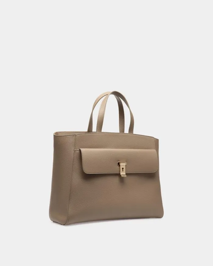 Women Bally Tote Bags Lock Me Tote Bag In Taupe Grained Leather Brown Women Bally Tote Bags Lock Me Tote Bag In Taupe Grained Leather Brown