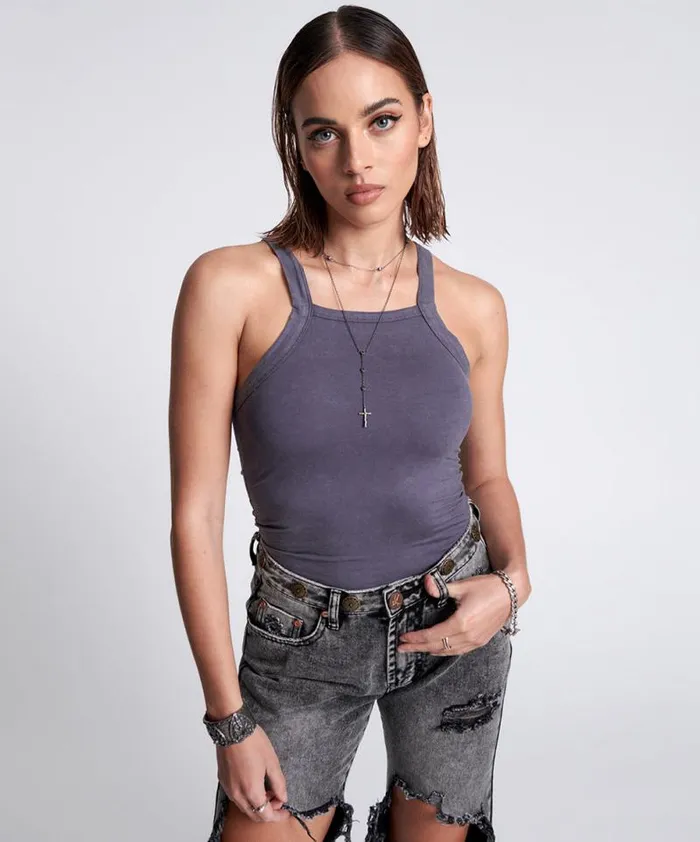 Women BAMBOO LOGO LONGLINE RALLY TANK One Teaspoon Tees and Tanks