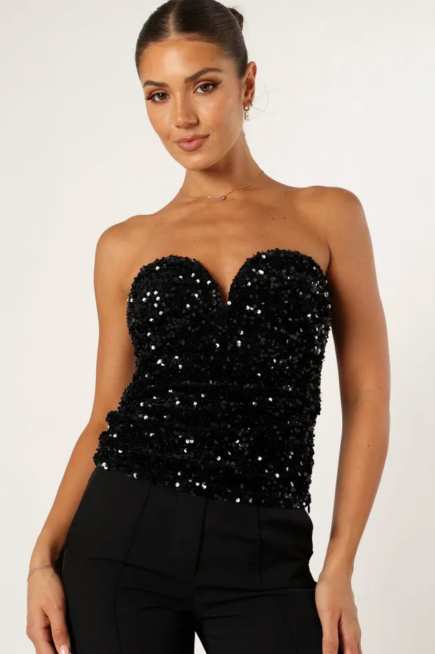 Women Clover Sweetheart Sequin Top Black Tops Petal and Pup