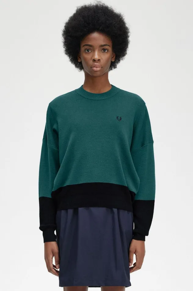 Women Colour Block Jumper Petrol Blue Fred Perry Knitwear