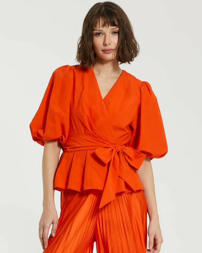 Women Faille Wrap Over Balloon Sleeve Blouse 8211 FINAL SALE Sunset Blouses and Tops Mac Duggal Women Faille Wrap Over Balloon Sleeve Blouse 8211 FINAL SALE Sunset Blouses and Tops Mac Duggal