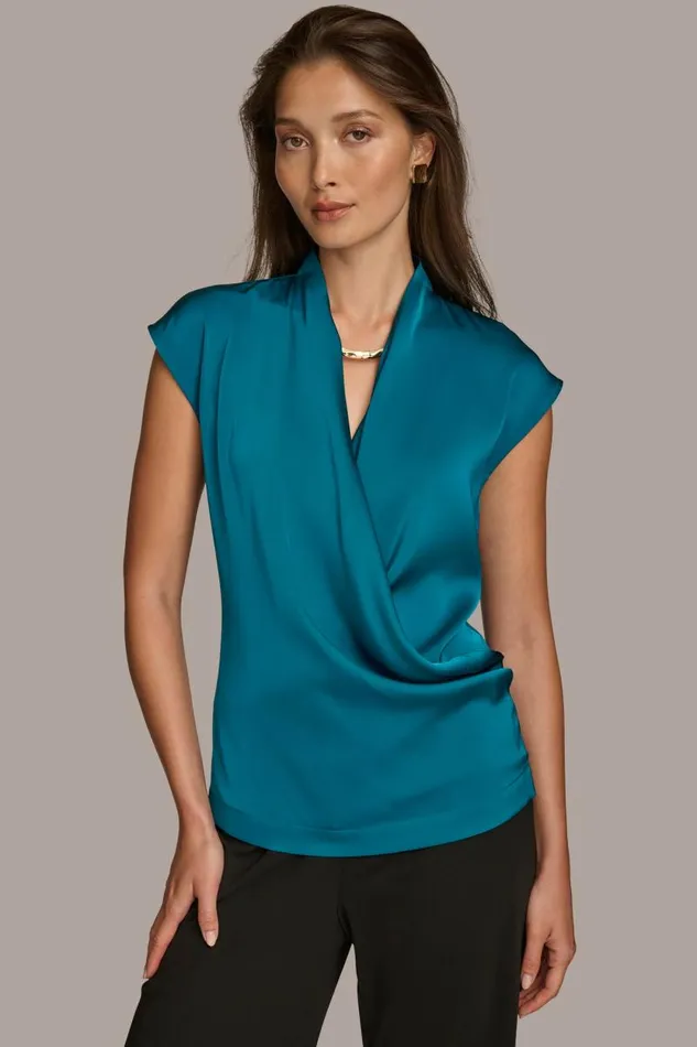 Women FAUX WRAP TOP Green Donna Karan New York Sweaters And Tops