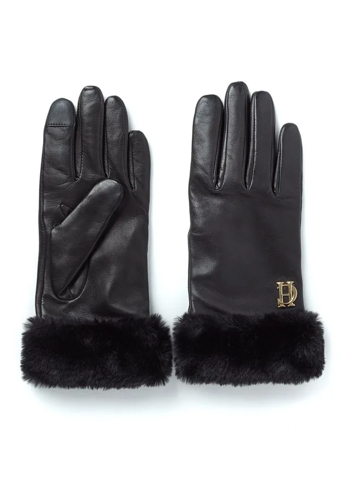 Women Gloves Holland Cooper Cashmere Lined Faux Trim Leather Gloves Black