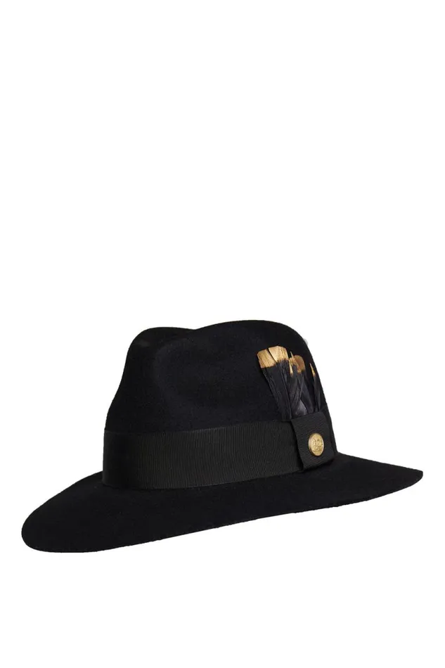 Women Hats and Headbands Holland Cooper Trilby Hat Gold Feather Black